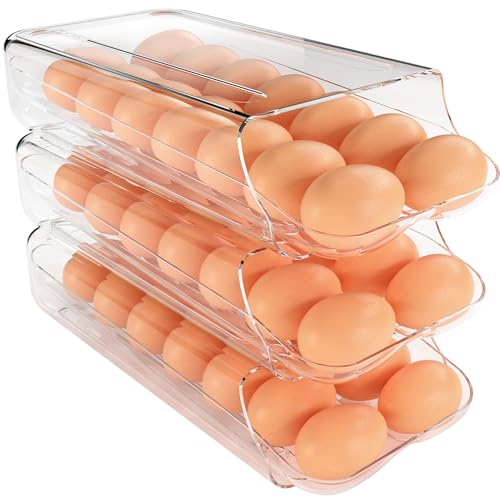 Theaoo Soporte para Huevos de Nevera - Contenedor Rodante Automático, Dispensador de Plástico Transparente, Organizador Apilable con Bandeja Interior para Refrigerador