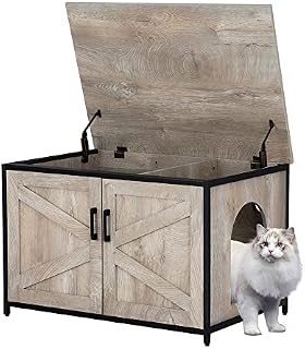 unipaws Litter Box Enclosure with Top Opening, Wooden Cat Litter Box Furniture, High Jumbo Litter Box Enclosure, Litter Box Hidden with Double Doors, Cats Washroom Bench for Indoor
