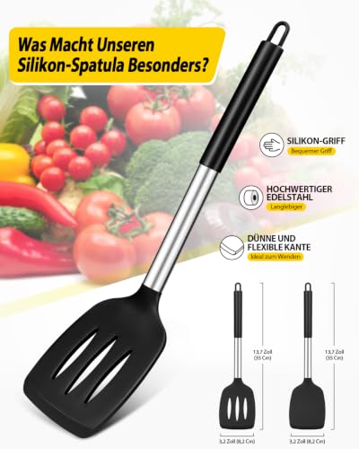 Foto von Pfannenwender aus Silikon, robust, antihaftbeschichtet, geschlitzt, hitzebeständig, BPA-frei, ideales Kochgeschirr für Fisch, Eier, Pfannkuchen, schwarz, 2 Stück