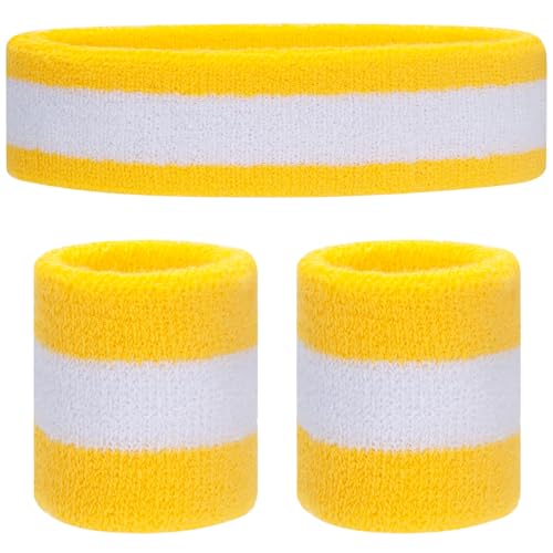 ONUPGO Kids Sweatbands Toddler Headband Wristband Set - Athletic Cotton Baby Sweat Band for Kids Youth Baby (1 Headband + 2 Wristbands) (Yellow/White/Yellow)