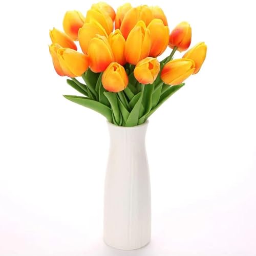 Image of 20Pcs Stems 13.5 Inch Sunset Red PU Artificial Moisturizing Tulips, Faux Sunset Red Tulips Flowers for Thanksgiving Christmas Decorations Wedding Home Table Vase Floral Arrangements