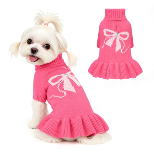 Image of YUDODO Bowknot Dog Sweater Dress for Small Dogs Girl, Stretchy Pet Clothes
