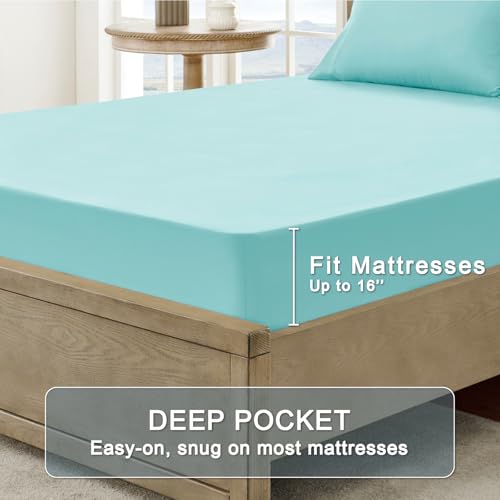 Image of FreshCulture Full Sheet Set - Ultra Soft Sheets Full Size Bed - Brushed Microfiber - Deep Pockets - Easy Care - Cooling & Breathable Sheets - 4 Pieces Hotel Luxury Full Size Bed Sheets (Spa Blue)