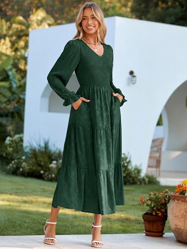 Simplee Womens Long Sleeve Smocked Maxi Dress Tiered V Neck Flowy Fall Wedding Guest Long Dresses with Pockets4