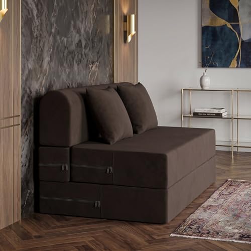 Image of Foldable Four Seater Sofa Bed 6 X 6 Ft Jute Fabric Washable Cover Sofa Cum Bed with Cushions Convertible Sofa Bed for Home (Brown Color - Pre-Assembled)