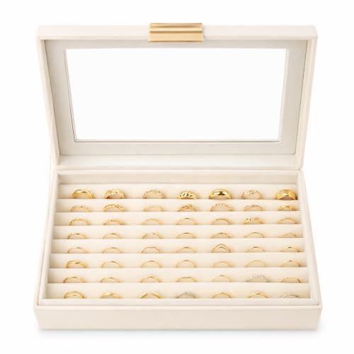 Ring and Earring Jewelry Display Box Holds Up to 80 Rings Faux Leather Jewelry Box with Velvet Interior and Clear Viewing Lid for Ring Organizer and Display