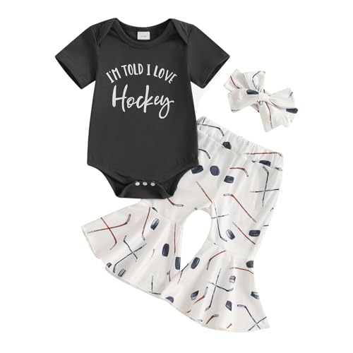 Infant Baby Girl Summer Outfit I'm Told I Love Hockey Short Sleeve Romper Flared Pants Headband Newborn Spring Clothes
