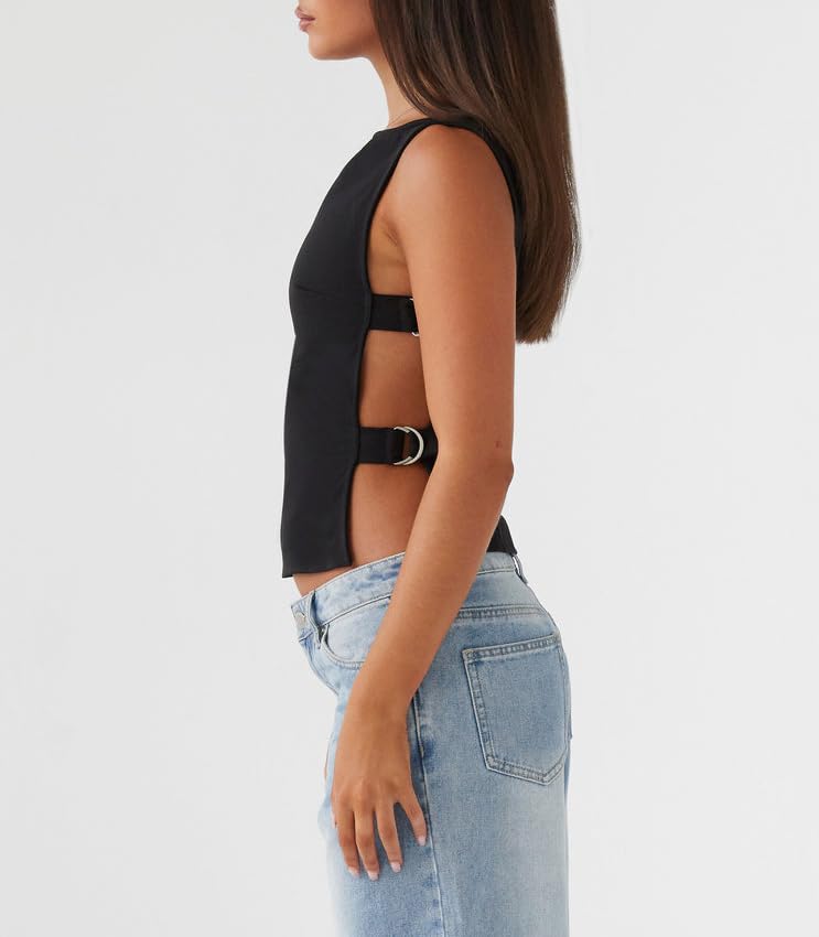 Giraropa Women Buckle Tank Top Y2k Slim Fit Crop Tops Sexy Sleeveless Round Neck Hollow Out Shirt Rave Outfits3