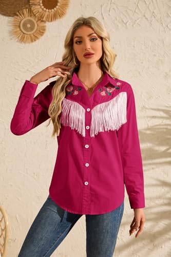 CORSKI Women's Western Cowgirl Fringe Shirt Long Sleeve Floral Embroidered Snap Collared Boho Rodeo Casual Blouses Shirts4