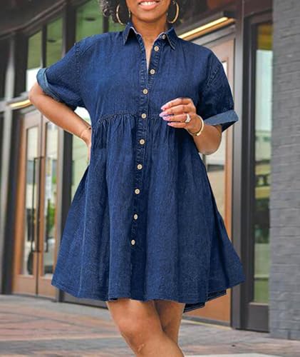 Image of Sexyshine Women's Plus Size Denim Babydoll Dress Short Sleeve Button Down Flowy Tiered Jeans Shirt Dress