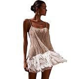 IDEWO Tank Dress for Women Sparkly Dress Mesh Fringe Sleeveless Backless Mini Party Club Dresses Streetwear (White,S,Small)
