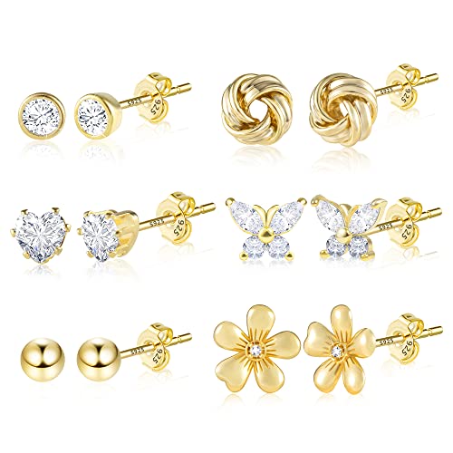 Small Gold Stud Earrings, 6 Pairs Gold Stud Earrings Set 14K Gold Plated Diamond Stud Earrings Ball Flower Butterfly Post Earrings Hypoallergenic Dainty Earrings For Women Girls #TOP15