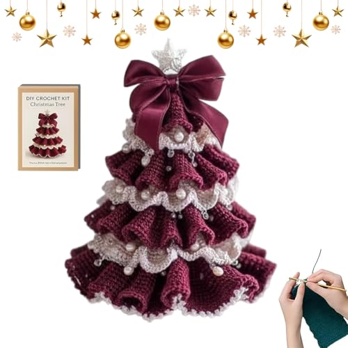 DIY Crochet Christmas Tree Kit,Handmade Holiday Decoration Set, Beginner Crochet DIY Christmas Tree Kit, Trees Bow Pearl Embellishment, Xmas Party Weave Decorations, Weave Set for Beginner (5#)