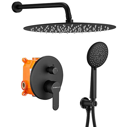 Shower System, Wall Mounted Shower Faucet Set for Bathroom with High Pressure 12" Stainless Steel Rain Shower head and 5-Mode Handheld Shower Set, 2 Way Pressure Balance Shower Valve Kit, Matte Black
