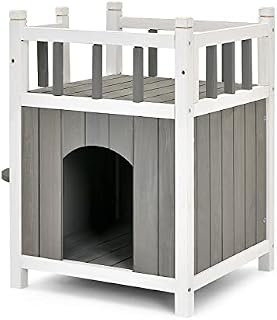 Maxmass Wooden Cat House, Kitten Playhouse Shelter with 2 Jumping Steps, Asphalt Roof and Escape Doors, Weatherproof Cat Cave for Indoor/Outdoor (45cm x 45cm x 65c)