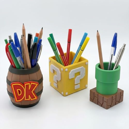 Kit 3 Organizadores de Mesa Gamer - Porta Lápis Donkey Kong, Bloco Interrogação e Cano Mario - Decoração Geek Escritório e Set-up