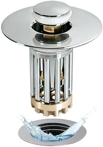 Anlige Bathroom Sink Drain Strainer, 3 in 1 Pop Up Bathroom Sink Stopper with Removable Brass Basket Hair Catcher, Universal Sink Plug for 1.06 to 1.6in Drain Hole, Chrome Silver