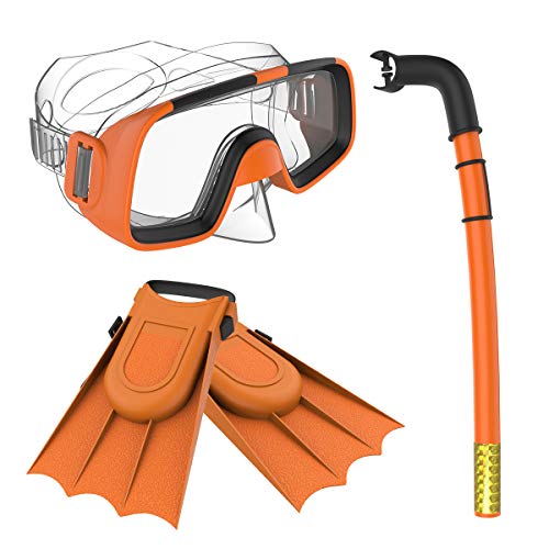 Children Kids Swimming Diving Snorkel Breathing Tube Fins Scuba Eyeglasses Set,Orange