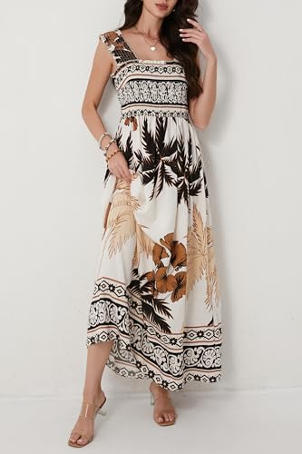 Image of Women Summer Boho Maxi Dress Casual Hawaiian Sleeveless Square Neck Beach Vacation Dresses