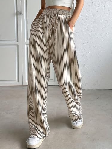 Women's Striped Straight Leg Pants - High Waist Casual Trousers Elastic Workwear Lounge Pants for Daily Office Outfits3