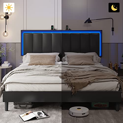 Hasuit Queen Bed Frame With Headboard And Led Light,Vegan Leather Upholstered Queen Size Platform Bed, Headboard Height Adjustable, No Box Spring Needed, Noise Free, Easy Assembly, Black #TOP7