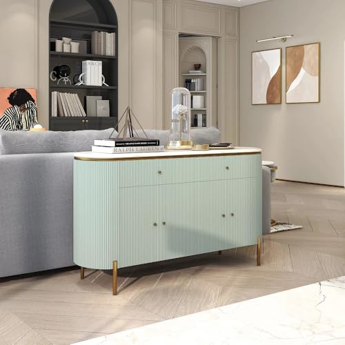 Image of Modern Console Table, 55 x 15 x 30 inch, White Ribbed Design, Marble Top, Gold Accents, 4-Door Storage Cabinet, Waterproof Plywood, PVD-Coated Legs, Elegant Entryway (Sky Blue)