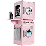 Best Choice Products Pretend Play Kids Wooden Stacked Washer & Dryer Set with Toy Laundry Storage, Space-Saving Design, with Accessories - Pink