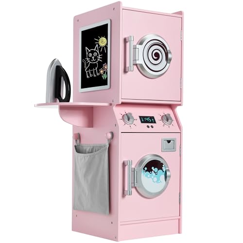 Best Choice Products Pretend Play Kids Wooden Stacked Washer & Dryer Set with Toy Laundry Storage Space-Saving Design with Accessories - Pink