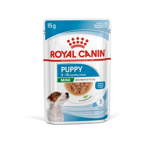 Royal Canin Mini Puppy | 12 x 85 g | Nassfutter für kleine Hundewelpen | Bis zum 10. Lebensmonat | Feine Stückchen in Soße | Weiche Textur für die Milchzähne