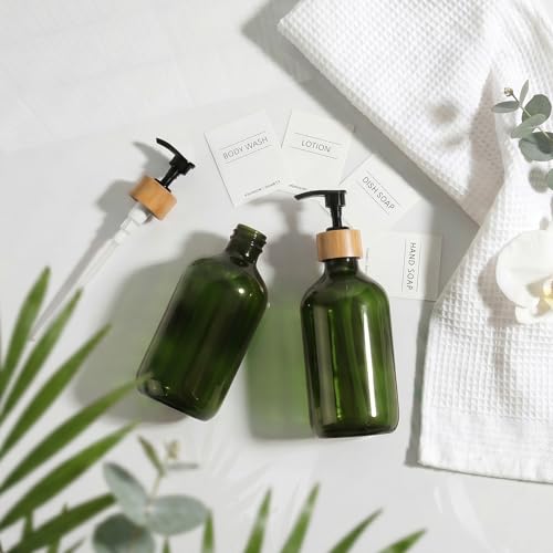 Image of KASUNTING Green Soap Dispenser, Plastic Bathroom Soap and Lotion Dispenser Set with Bamboo Pump, 2 Pack 17 Fl Oz Hand and Dish Soap Dispensers Set for Bathroom, Refillable Liquid Soap Bottles