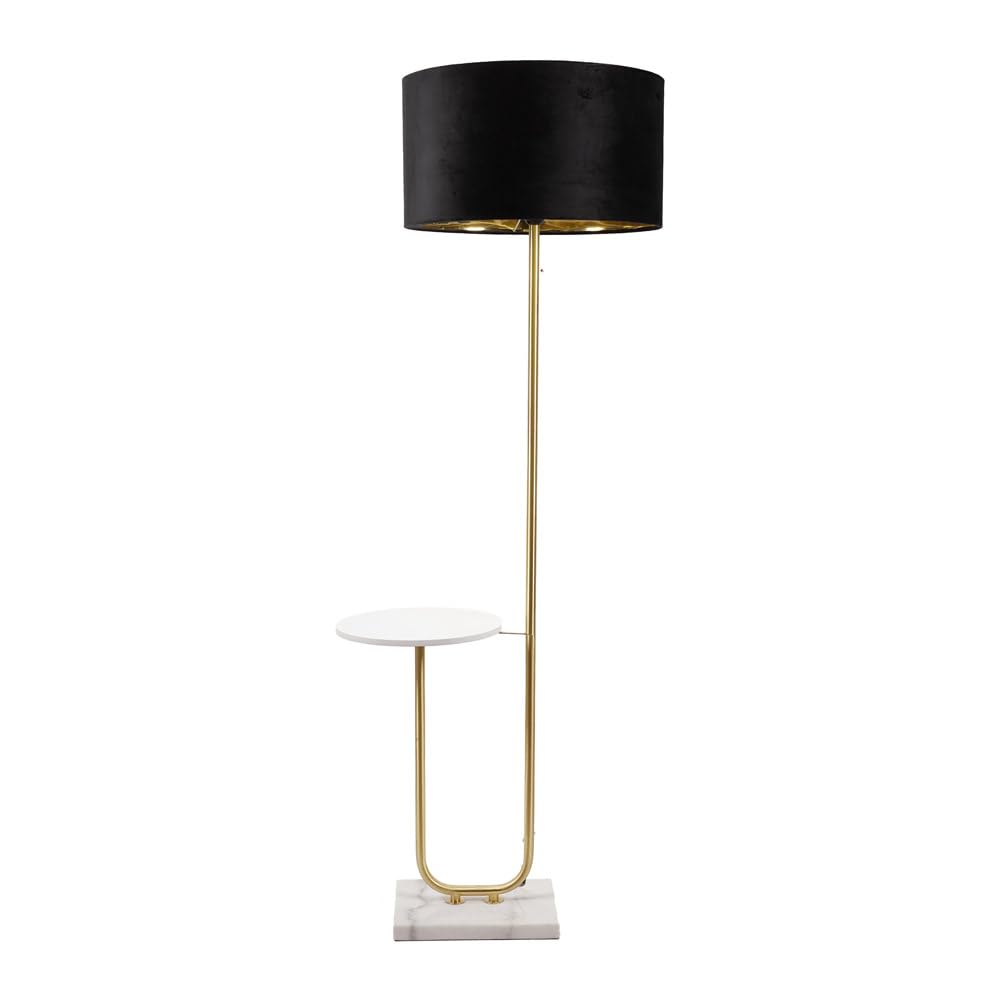 ValueLights Tavel Gold LED Floor Lamp - Black Velvet Shade - Integrated Side Table - 146cm