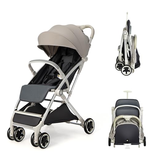 LIFEZEAL Silla de Paseo Plegable de Bastón con Respaldo Ajustable, Cochecito Compacta para el Bebé con Acogedor, Mosquitera, Arnés de 5 Puntos, 4 Ruedas, 15 kg de Capacidad, 0-36 meses (Gris)
