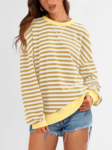 Image of PRETTYGARDEN Womens Striped Oversized Sweatshirt Color Block Crew Neck Long Sleeve Casual Loose Pullover Top Y2K Clothes