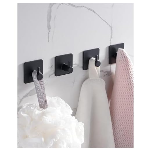 Eowihor Self-Adhesive Hooks, Black, No Drilling, Pack of 4 Towel Hooks, Wall Hooks, Made of Stainless Steel, Ideal for Bathroom, Toilet, Kitchen, Office
