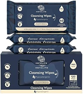 HEROLIFE Flushable & Biodegradable Large Multi-Pack Use Cleansing Wipes, Natural Plant Based Eucalyptus & Essential Oils, Safe for Hands, Butts and Body (120 Count)