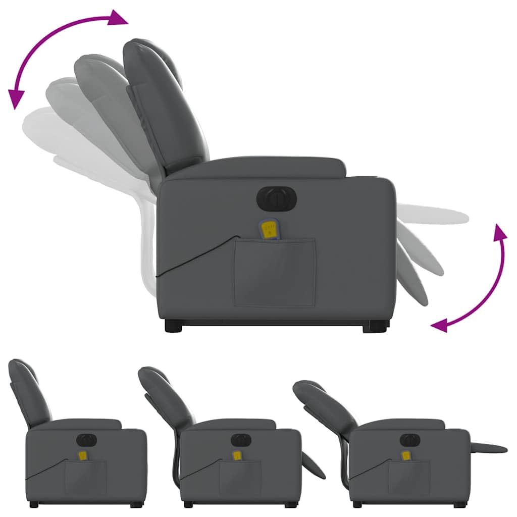 Sillón elevador eléctrico reclinable con masaje por vibración, color gris, de piel sintética, 6 puntos de masaje, función de elevación e inclinación de 135 grados, estructura