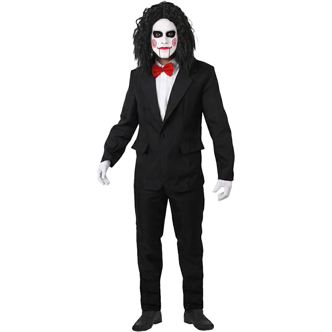 Kostium lalek dla dorosłych - czarny garnitur, luźna peruka afro, czerwona muszka, białe rękawiczki, farba do twarzy - męska straszna ikona filmu telewizyjnego Halloween fantazyjny kostium