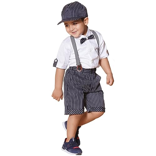 Image of AJ DEZINES Kids Cotton Printed Shirt Shorts Set For Boys With Cap and Suspender