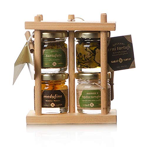 Trüffelset aus Istrien. 4er Probierpaket in Holzbox. Gehackte Trüffel 30g, Aufstrich mit weißen Trüffel 30g, Honig mit weißen Trüffel 30g und Tartufata 30g Cover