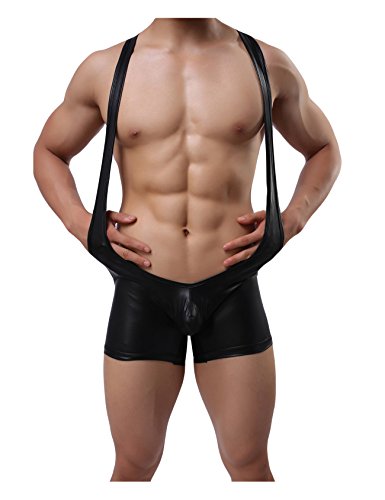 Jueshanzj Mens Boxer Faux Leather Suspenders Bodysuit Wrestling Singlet Black Large