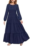 MITILLY Girls Boho Maxi Dress Kids Fall Semi Formal Party School Puff Long Sleeve A-Line Tiered Long Dress with Pockets Navy Blue 10 Years