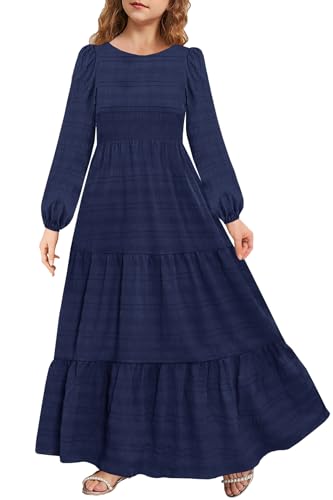 MITILLY Girls Maxi Dress Puff Long Sleeve Crew Neck A-Line Ruffle Tiered Casual Party Dresses with Pockets