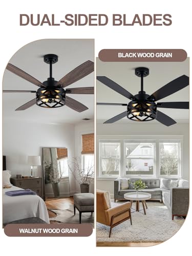 Image of 60 inch Black Farmhouse Rustic Caged Chandelier Fan with Light