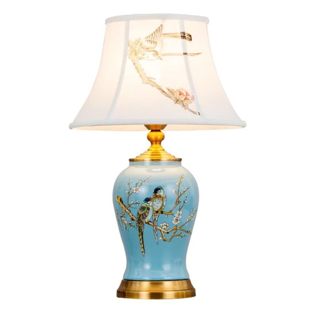 SGKOMN Chinese Vase Ceramic Desk Table Lamps Handpainted Flowers And Birds Blue Glazed Bedside Desk Nightstand Lamp With Fabric Shade