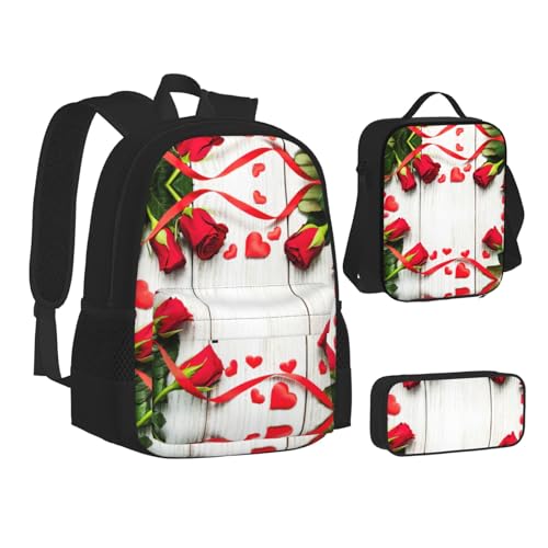 Romance Rose Flower With Heart Petal Print 3 Piece Set Backpack, Lunch Bag, Pencil Case, Cute Sturdy For College And Travel2