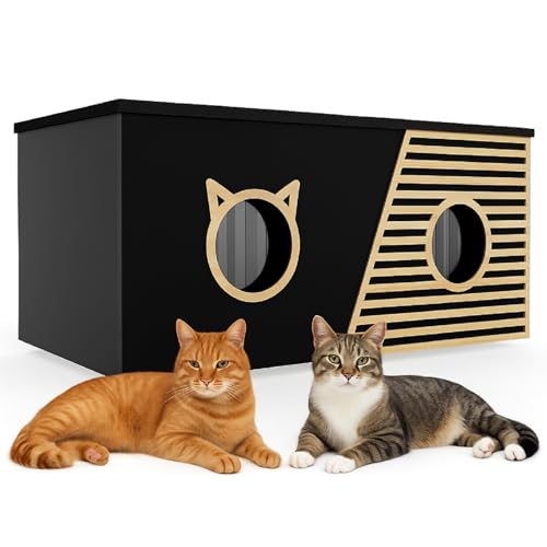QLS Katzenhaus XXL 85x45x37,5 cm – wetterfest & isoliert mit Schutzvorhang, aufklappbarem Dach & OSB-Boden, für bis zu 4 Katzen Outdoor (Schwarz)