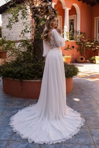 Hochzeitskleider Für Damen Spitzenapplikationen A-Linie Boho Langarm Brautkleid Standesamt Lang Braut Standesamtkleider
