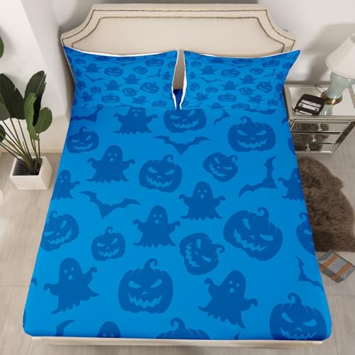 Blue Horror Pumpkin Fitted Sheet Queen Size 3 Pcs,Cute Cartoon Ghost Decor Bedding Set for Kids Teens Adults,Happy Halloween Theme Hippie Graffiti Bed Sheet with 2 Pillowcases(No Top Sheet)