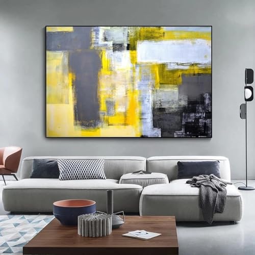 Tableau abstrait jaune et blanc sur toile haut de gamme, affiche design 70x100 cm encadrée
