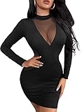 DIDK Damen Kleid Figurbetontes Minikleid Langarm Kurz Kleider Bodycon Partykleid Freizeitkeid Shortkleid mit Netzeinsatz Schwarz M